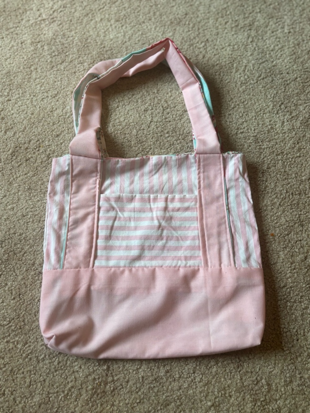 Pastel Pink Striped Canvas Tote Bag with Front Pocket